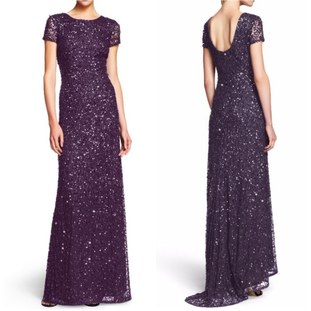 Adrianna Papell Scoop Back Short Sleeve Sequin Mesh Gown with Train NWT